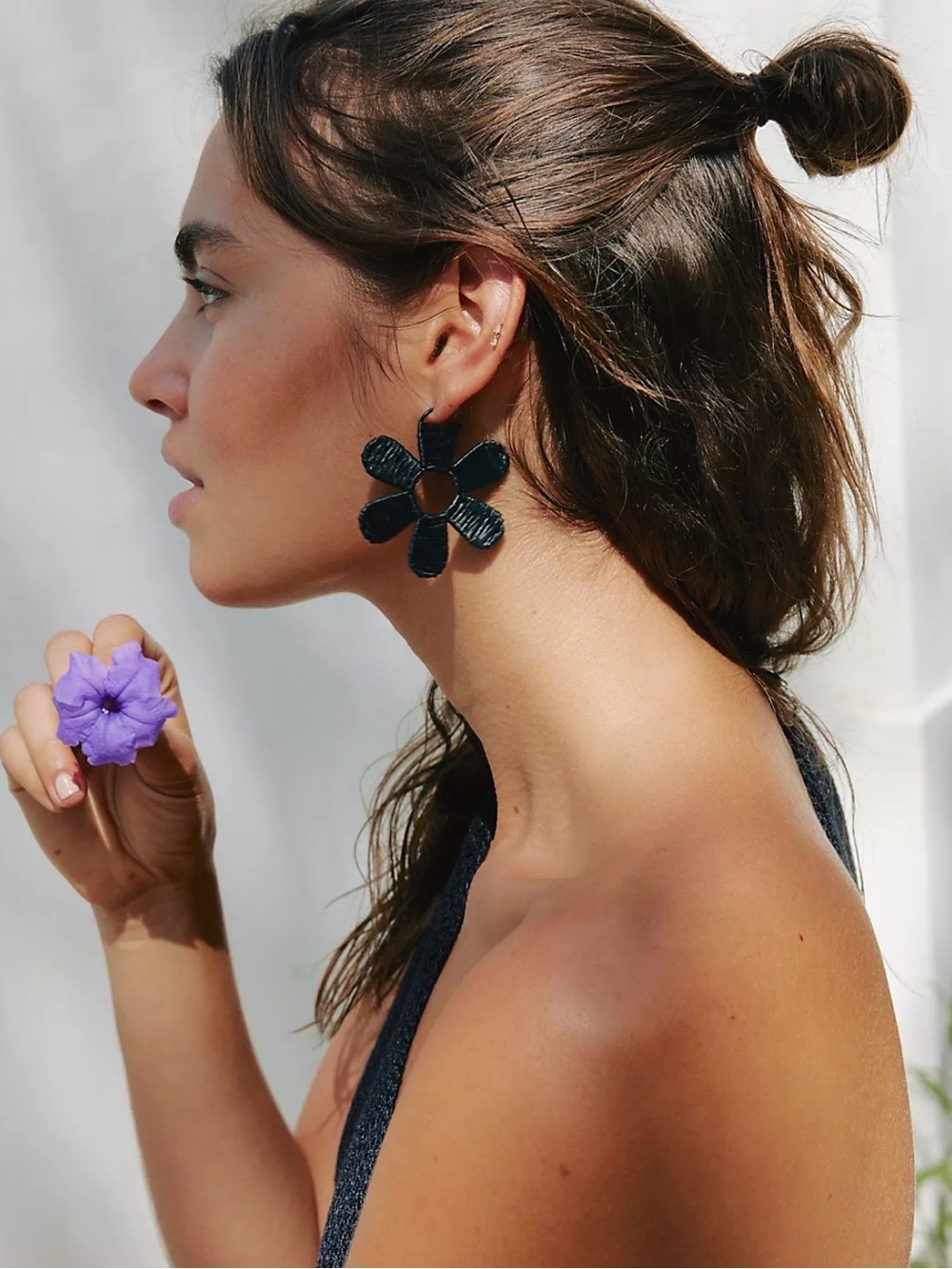 Free People Wendy Woven Flower Hoop Earrings Black